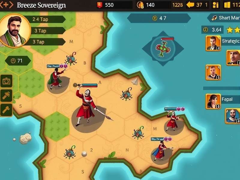 Breeze Sovereign gameplay screenshot showing strategic map and character interface